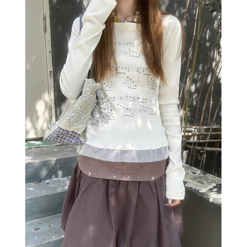 

MEXZT Y2K Print T Shirts Women Harajuku Streetwear Mesh Patchwork Tops Spring Autumn Vintage Grunge Long Sleeve Design Tees New