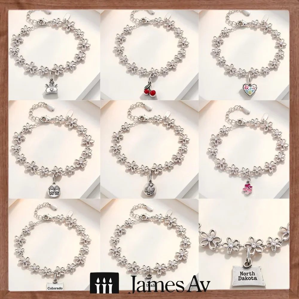 S925 Flower Link Chain Charm Bracelet For Women, Assorted Cute Mini Pendants Cherry Heart Flower Tag Charms, Lobster Clasp Adjustable Wrist Jewelry, Sweet Fashion Accessory, Daily Birthday Holiday Gift For Girls Ladies