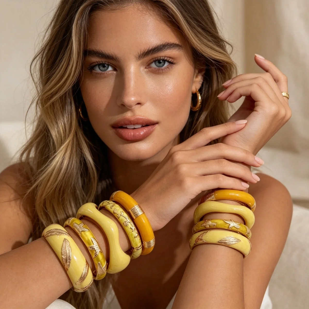 Modische Gelbe Emaille-Manschettenarmbänder für Damen und Herren, Retro-Stil mit Ast-, Wellen-, Stern-, Blatt-, Blumen- und Bambus-Motiven, Armschmuck – Detail 18