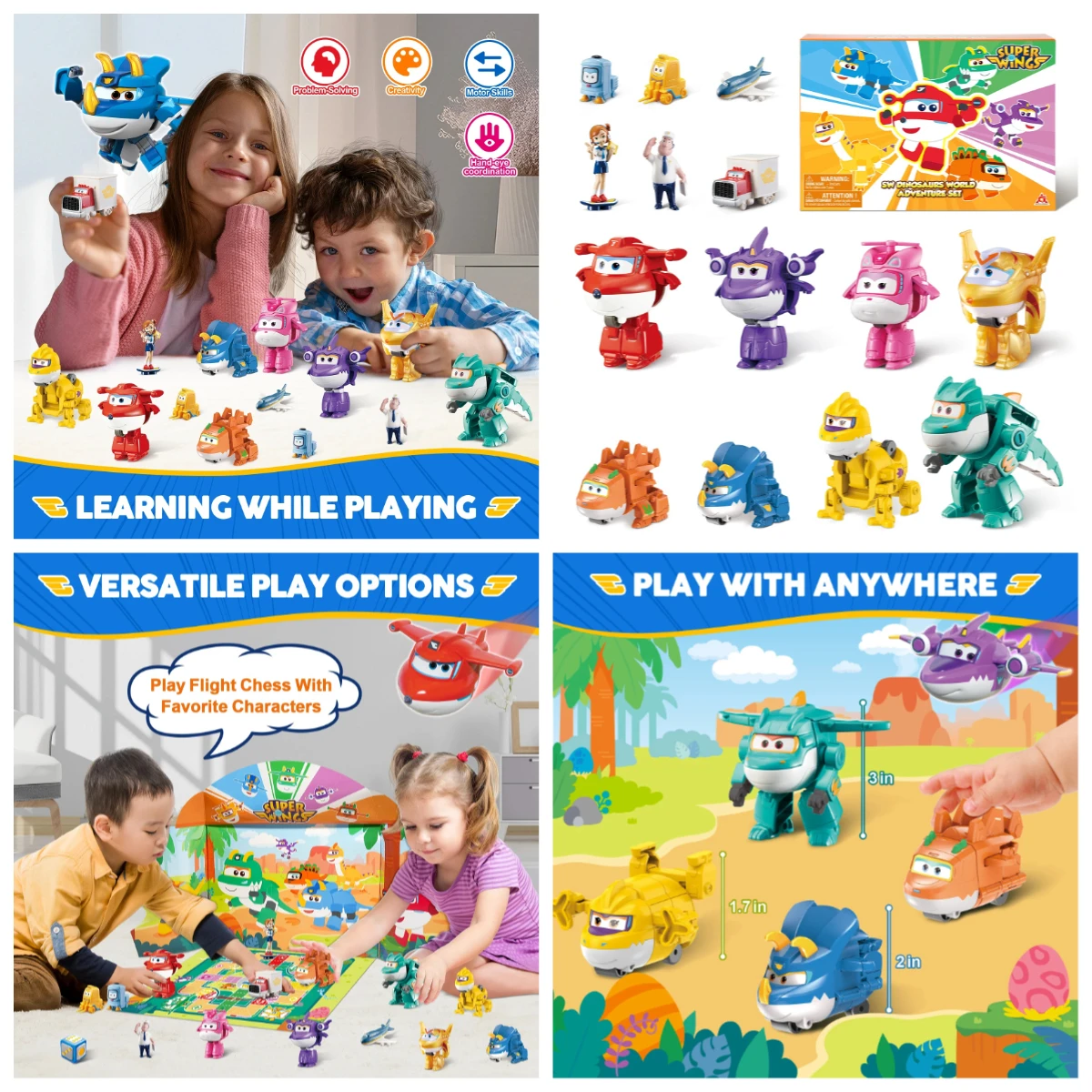 Super Wings 14-Pack Transforming Toys, 2 Inch Airplane Collector Figures with Dinosaur Mini Action Figure, Kids Collectible Gift