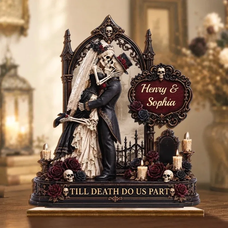 Halloween Gothic Skull Couple Sculpture Personalized Custom Name Till Death Part Wedding Anniversary Gift Desktop decoration