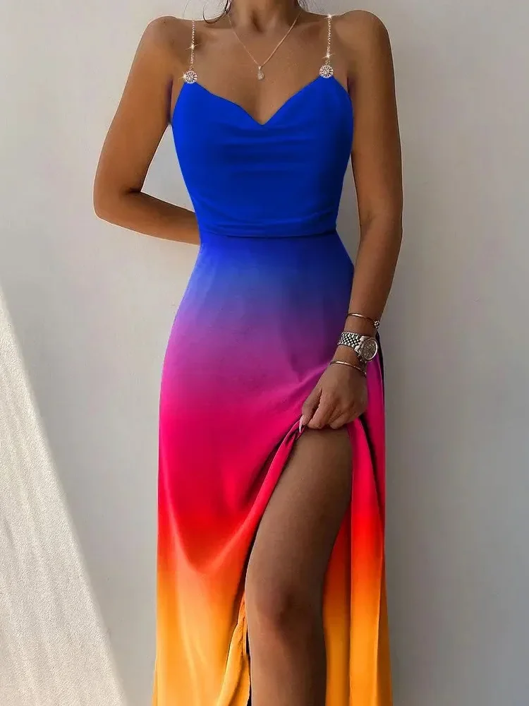 Sexy Asymmetrical High Slit Long Dress Summer Elegant V Neck Sleeveless Evening Dress Women Casual Sleeveless Solid Party Dress