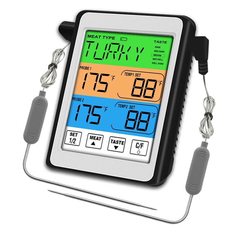 

Digital Meat Thermometer With 2 High Accuracy Probe Color Screen Touch To Operate Preset Meat & Temp Food Thermometer For Grill
