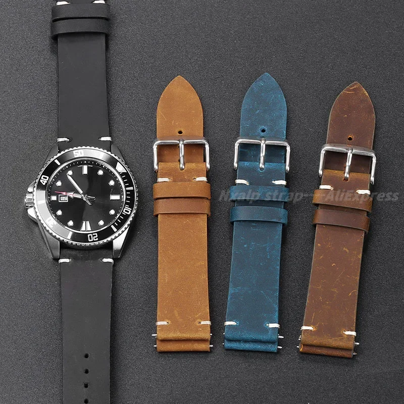 Vintage Leather Watch Strap 18mm 19mm 20mm 21mm 22mm Handmade Stitching Cowhide Watchband for Omega Bracelet Watch Accessories