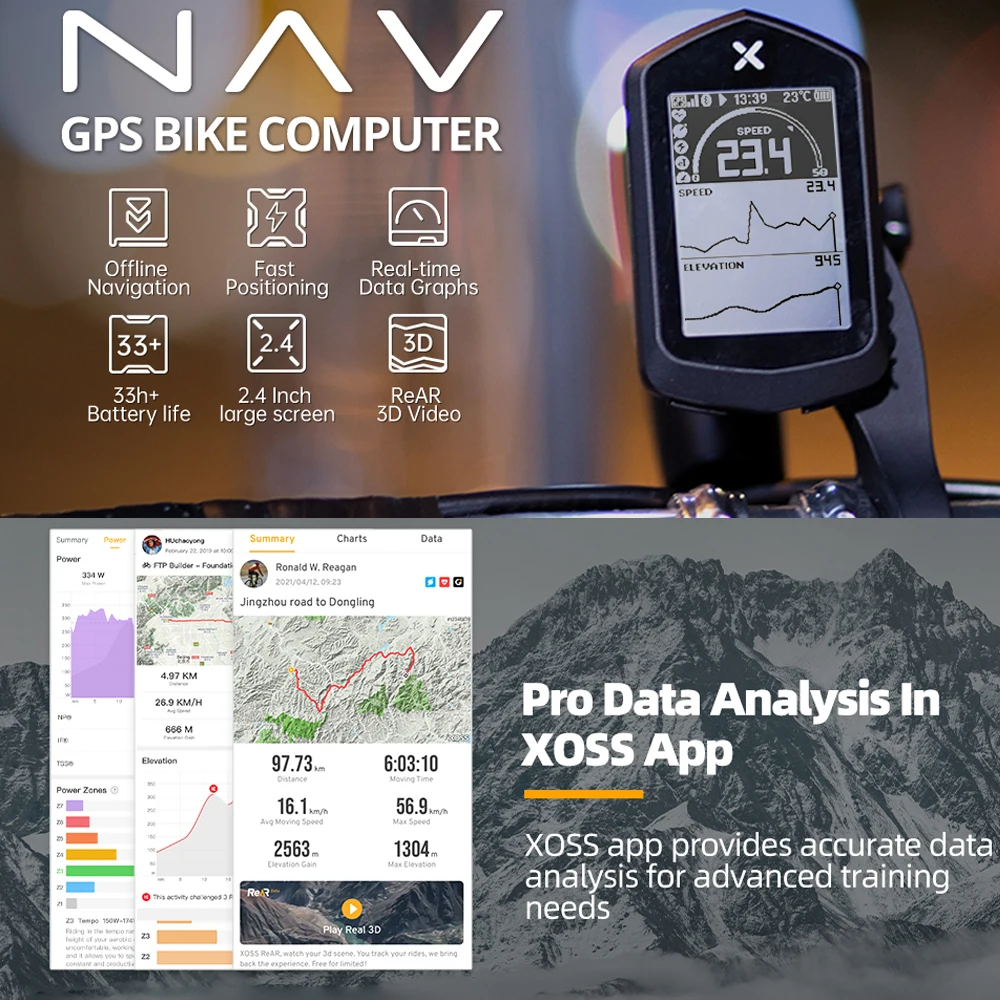 XOSS NAV Bike Computer GPS ReAR Heart Rate Cadence Speed BT/ANT+ APP Control Waterproof 2.4inch Wireless Cycling Speedometer