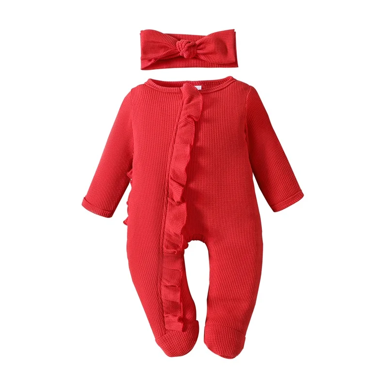 Baby Girls Outfit Long Sleeve Crew Neck Frills Zipped Footies Jumpsuit and Headband Fall Clothes