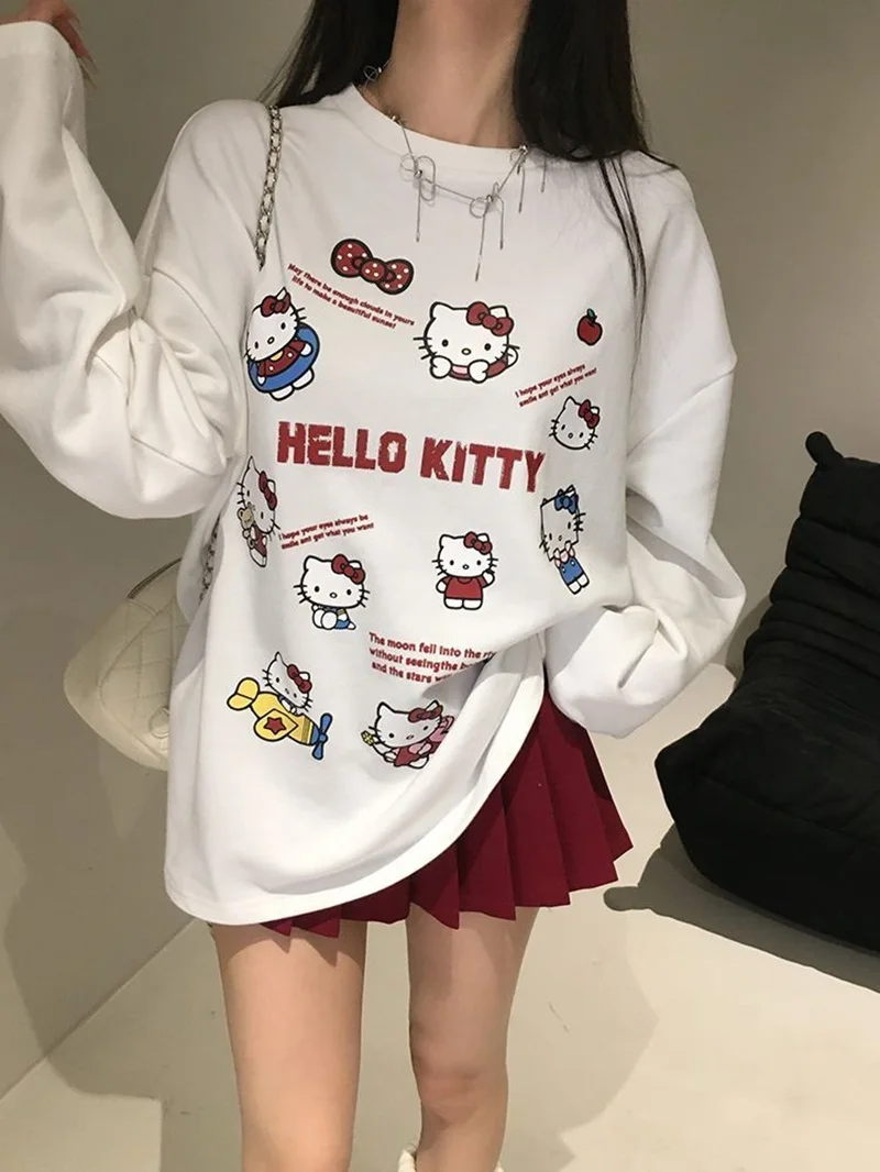 Sanrio Cartoon Print Cotton Tops for Women, Oversized Shirts, Streetwear, Splicing Tops, Kawaii Clothing, Hello Kitty, 2024