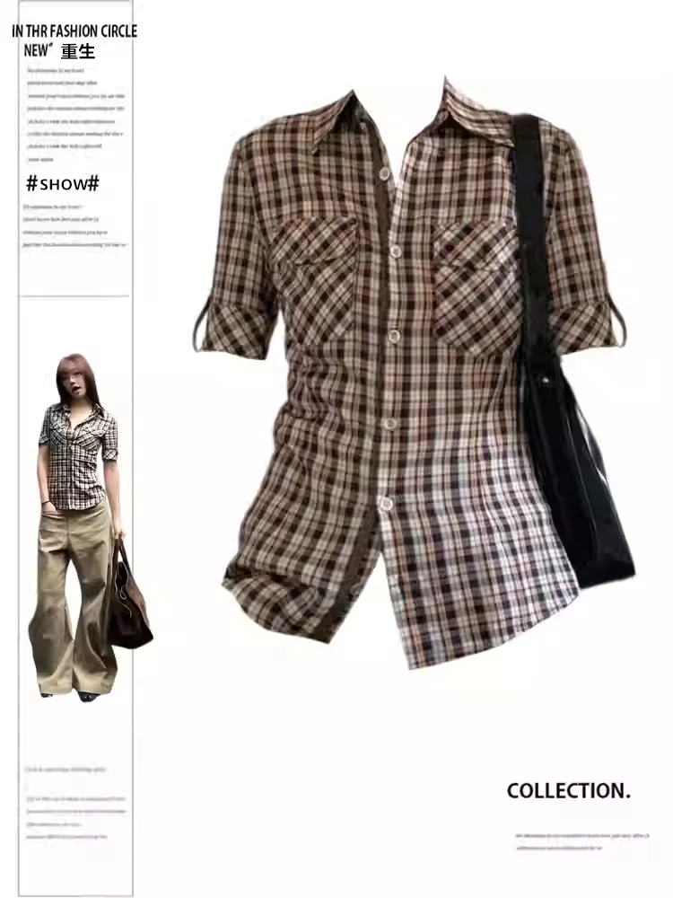 

Summer Women Korean Fashion Plaid Shirts Short Sleeve 2000s Aesthetic Blouses Crop Top Y2K Preppy Shoujo Vintage Cleanfit New