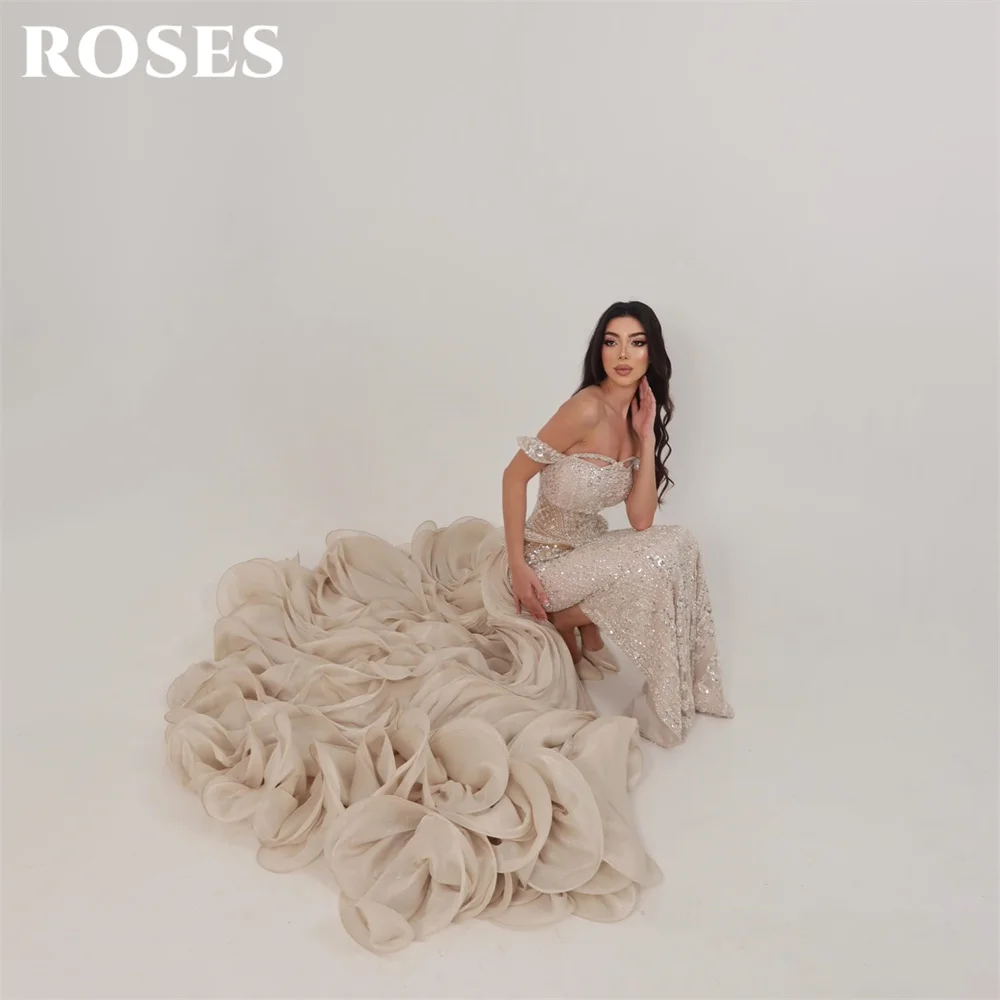 ROSES Champagne Sequin Party Dress Off Shoulder Evening Dress with Train Cut Out فساتين السهرة Trumpet Customized image 4