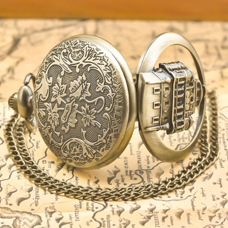 빈티지 청동 Steampunk 성 조각 된 석영 주머니 시계 목걸이 펜던트 시계 체인 남성 여성 체인 선물