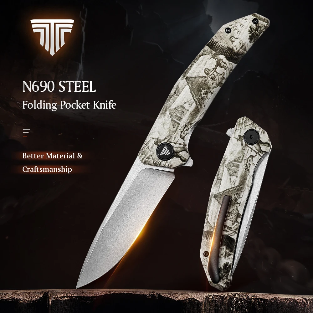 

TRIVISA Folding Handmade Art Knife，3.54in N690 Blade，4.33in G10 Handle， for Outdoor Survival，Camping，Hunting，Collectibles