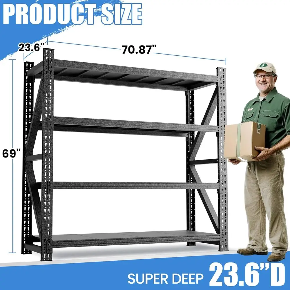 Industrial-Grade 4-Tier Steel Shelving, 71 Wide, Holds 5000lbs, Ideal for Garage, Workshop, Warehouse