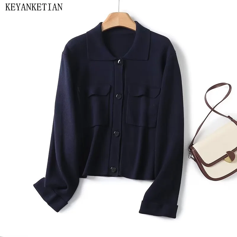 

KEYANKETIAN 2024 New Launch Unisex style Pockets Decoration Turn Down Collar Single Breasted Women's Short Knit Cardigan Sweater