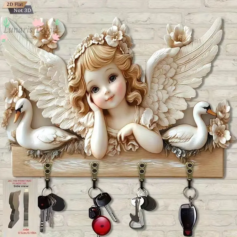 Flat Angel Swan Wooden Multifunctional Home Key Rack with Four Metal Hooks