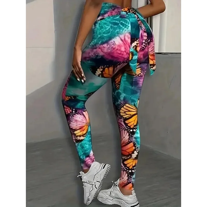 Plus Size 1XL-5XL Women\'s Back Waist Bow Leggings Casual Butterfly Print Fitness Yoga Leggings High Waist Tight Leggings