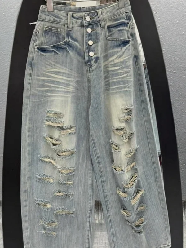 

Summer 2026 High Waist Straight Leg Jeans Casual Ripped Loose Slimming Wide Leg Pants Versatile Breathable Adult High Elasticity