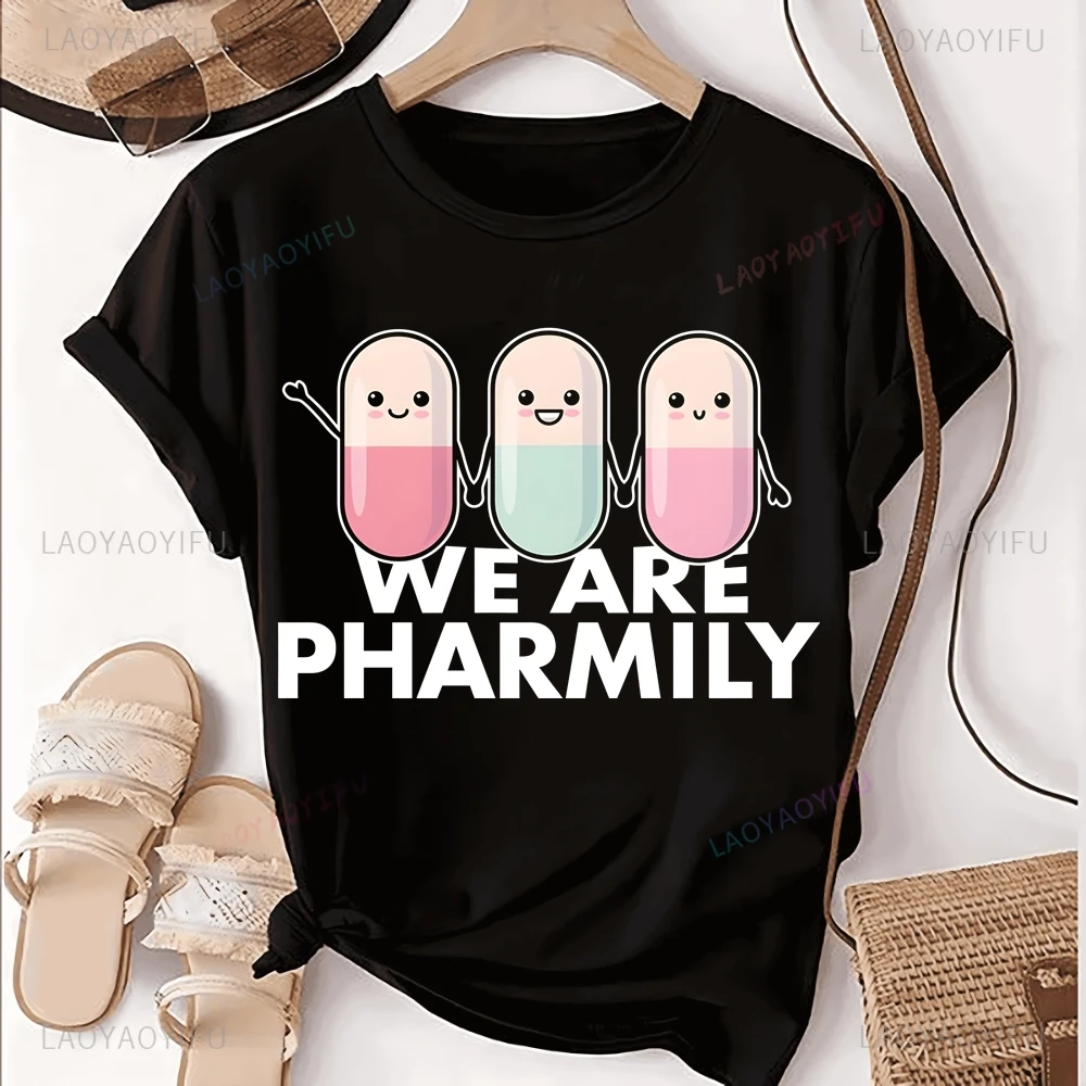 Fun Pill WE ARE PHARMILY Printed T-shirt Top Pharmacy Technician Trend Short Sleeve Unisex Shirt Patterned Large T-shirt