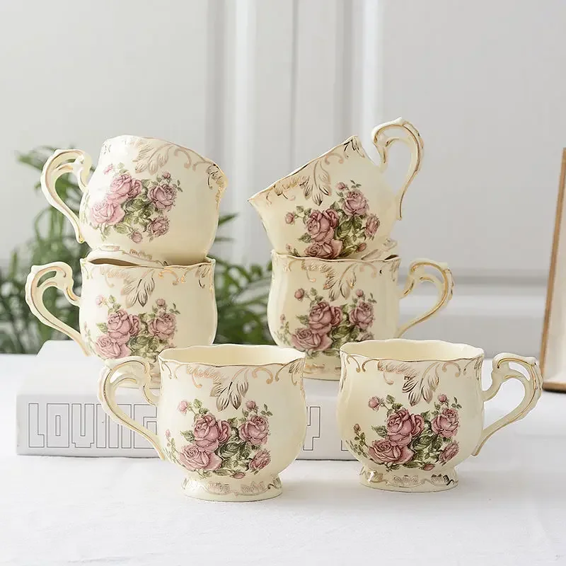 Vintage Coffee Cup Saucer Set Hand Painted Tea Cup Rose Flower Carving Craft Dishes and Plates Coffee Spoon Fruit Fork Tableware