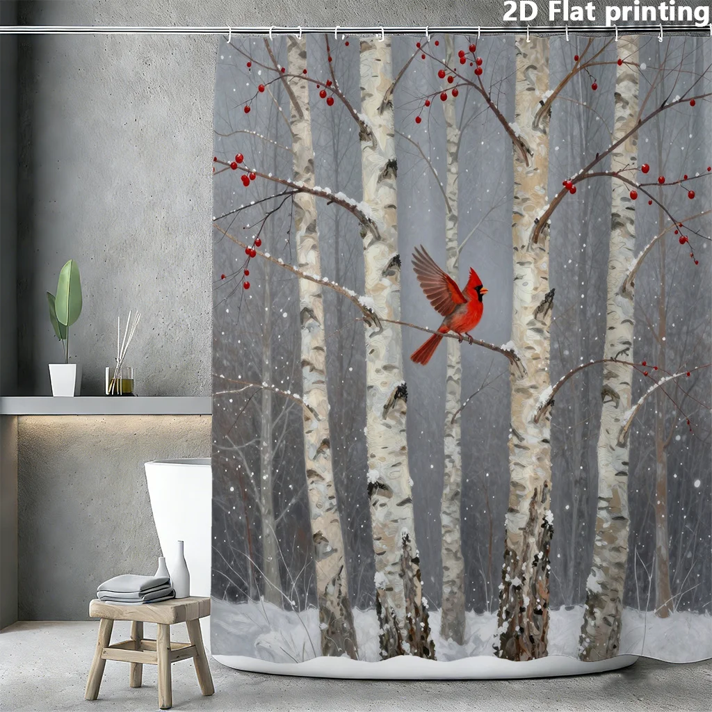 Winter Cardinal Birch Tree Shower Curtain, Snowy Forest Bird Waterproof Bath Curtain, Christmas Rustic Bathroom Decor