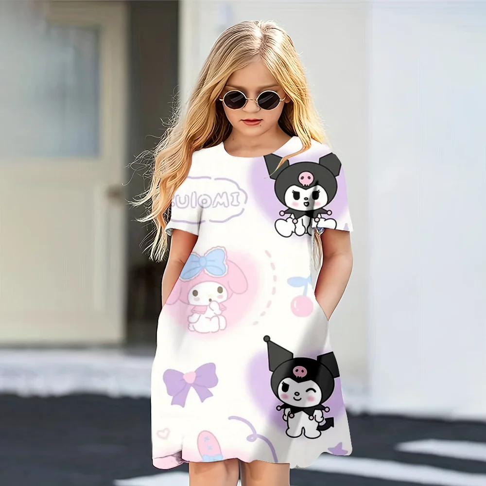 MINISO New Girls Summer Dress Fashion Cartoon Cute Hello Kitty Friend 3D Print Dresses Short Sleeve Princess Vacation Clothing