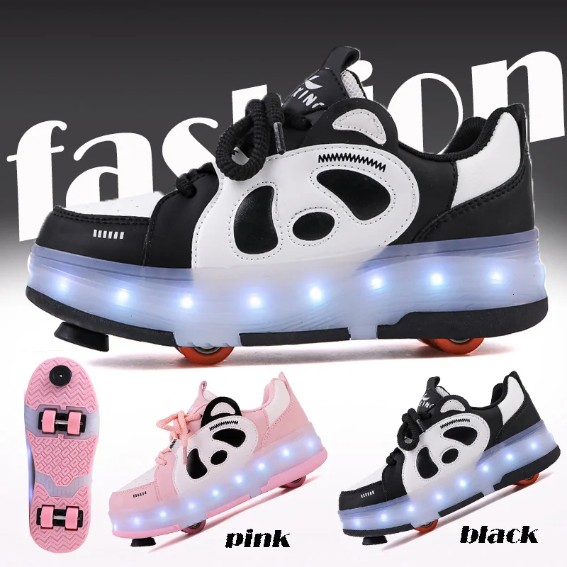 Children's panda flashing Roller Skate Shoes four-Wheel Charging Invisible Wheels Adult Inline Skate Shoes Factory Direct Sale