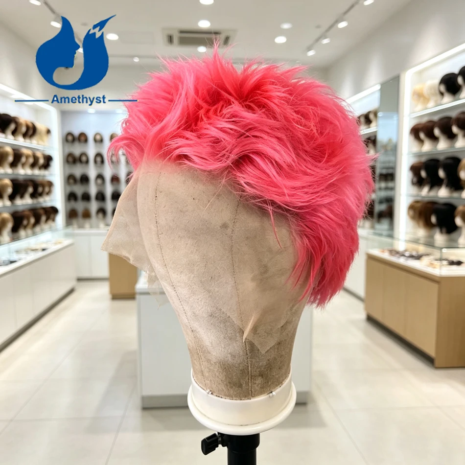 Amethyst Men's Pink Pixie Cut Wig Soft Human Hair Short Boy Cut Pre-Styled Wave Remy Full Lace Transparent Fashion Wig for Male