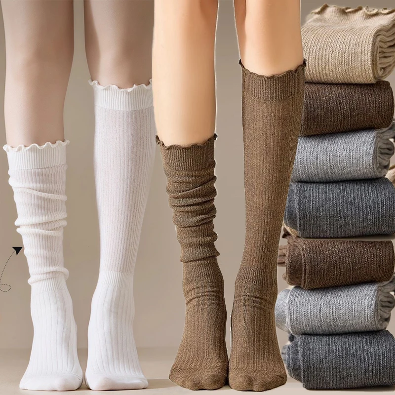 

Harajuku Lolita Ruffles Stockings Women Knitted Over Knee Long Socks Autumn Winter Boot Calf Warm Fashion Trendy Japanese Socks