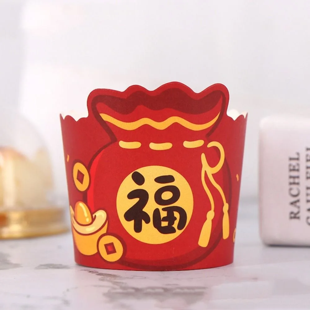 50pcs Red Chinese New Year Paper Cake Cup Paper Disposable Muffin Cupcake Packaging Muffin Liners Lucky Bag Pattern