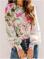 Lady Round Neck Loose Long Sleeve Top Floral Printed Women's T-shirt Elegant Simple Autumn Clothes