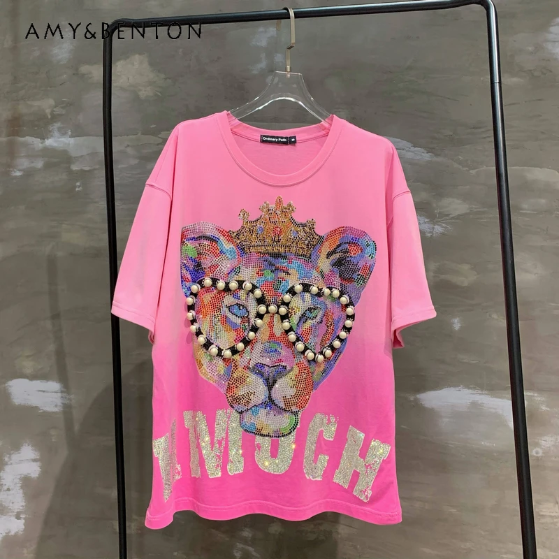 

Heavy Industry Hot Drilling T-shirt Fashion Color Diamond Cartoon Printed Short-Sleeved Tops Gradient Color Tie-Dyed Casual Top