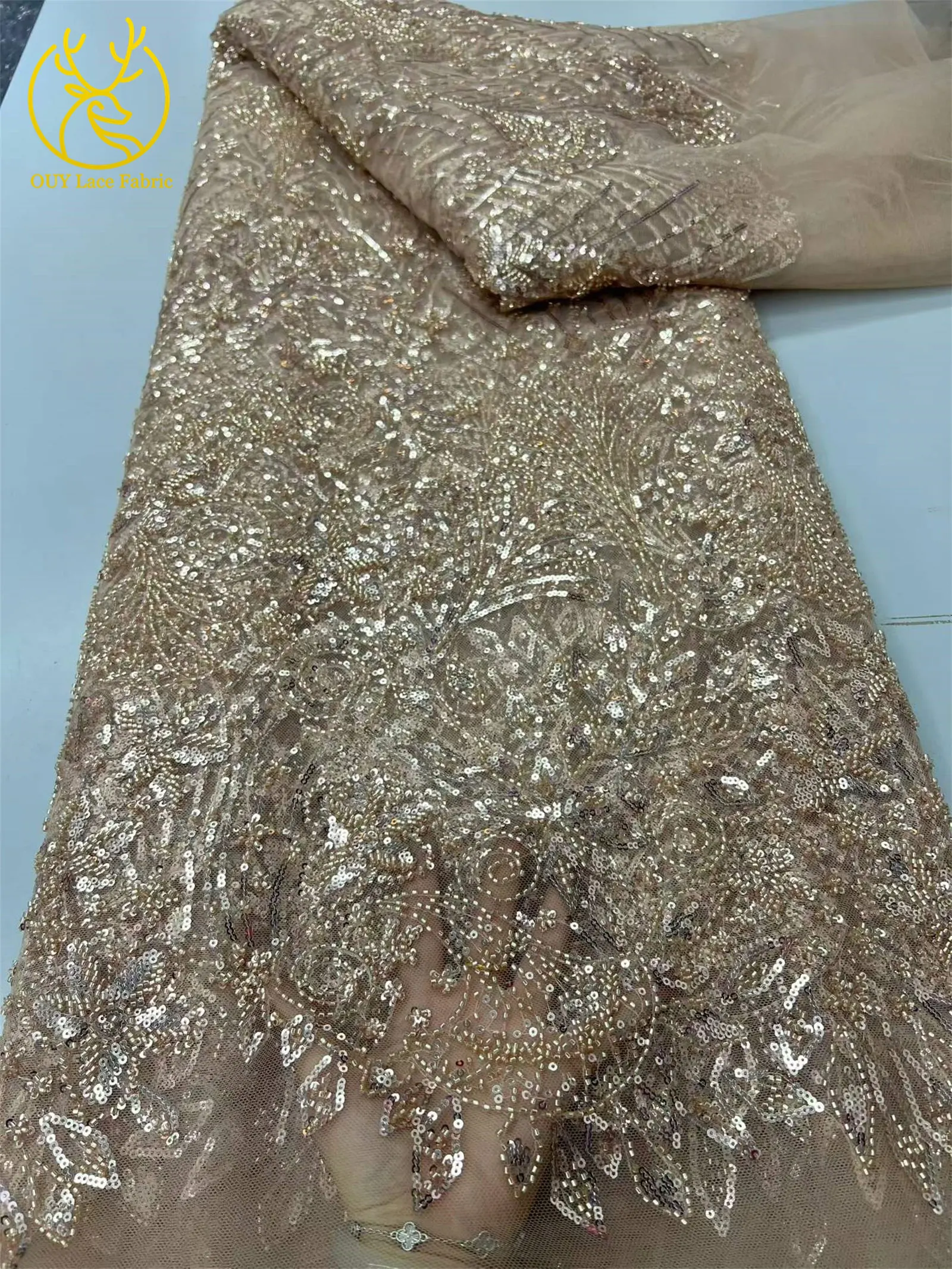 Grüner eleganter afrikanischer Perlen-Pailletten-Spitzenstoff, 5 Yards, hochwertige nigerianische Mesh-Tüllspitze für Damen, Abschlussball, Partykleid, Nähen – Detail 18