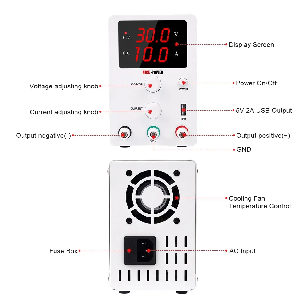 NICE-POWER R-SPS3010 30V 10A DC Regulated Power USB Interface Digital Adjustable Switching Lab Testing Variable Power Supply