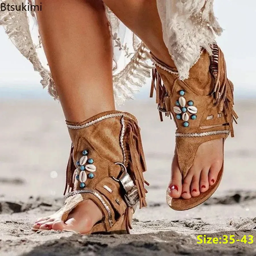 New2024 Women\'s Summer Flat Sole Sandals Tassel Design Casual Sandals Shoes for Women Flip-flops Roman Flat Shoes Female Sandals