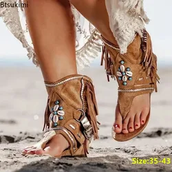 Sandalias de suela plana para mujer, zapatos informales con diseño de borla, chanclas romanas, novedad de 2024