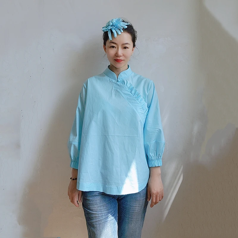 

New Spring Summer Women's High Weave Long Velvet Cotton Red Original Slant Lapel Stand Collar irt Top Peach Brand