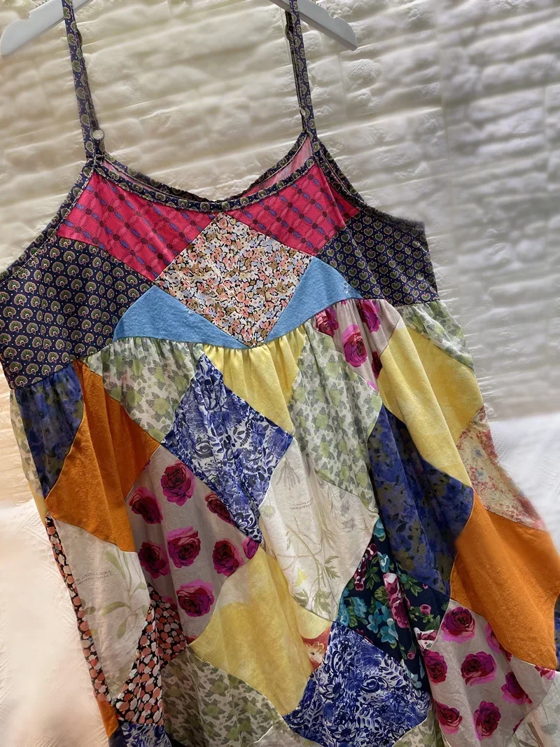 100% cotone femminile bohemien boho chic cinturino per spaghetti abito longuette allentato patchwork spiaggia estiva tribale gypsy hippie ibiza vestito estivo