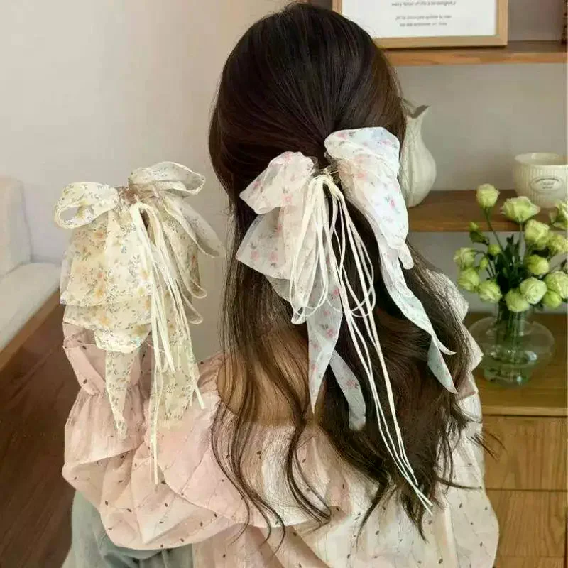 Floral Chiffon Bow Hair Claw Secure Grip Long Streamer Ribbons For Daily Parties Wedding Girls Hair Accessories