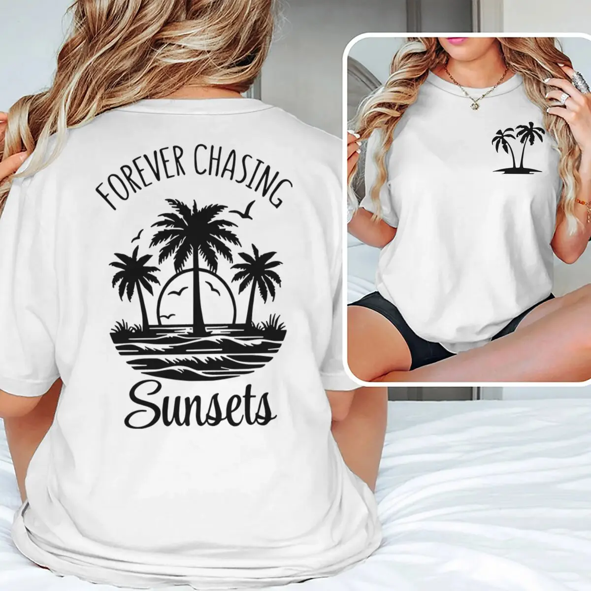 

Forever Chasing Sunsets T-Shirt Double Sided Palm Tree Sunset Graphic Women Casual Tops Summer Vacation Gift T Shirt Clothing