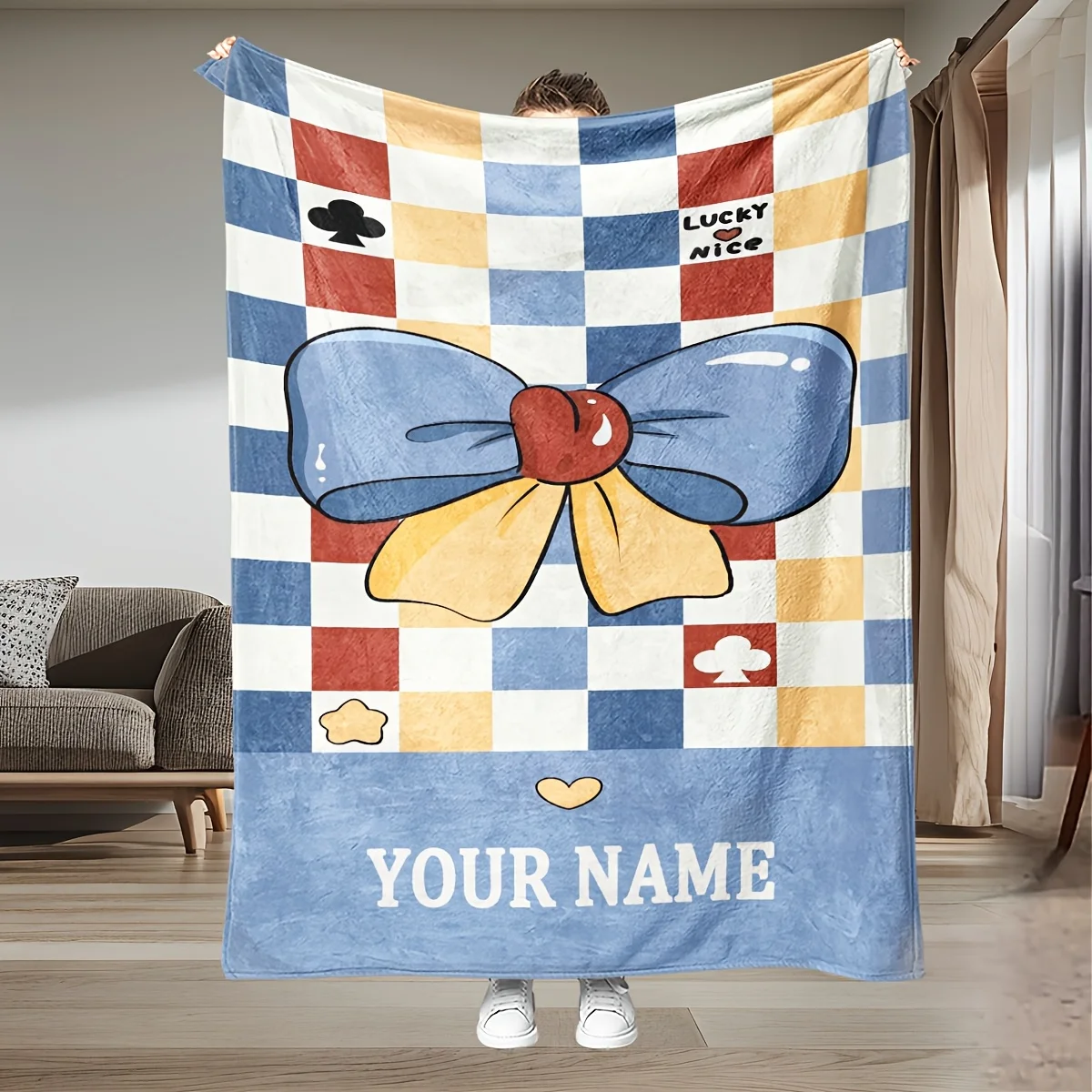 بطانية من الفلانيل بعقدة على شكل فيونكة مخصصة، مناسبة للأريكة والسرير وأعياد الميلاد والأطفال والأصدقاء والهدايا