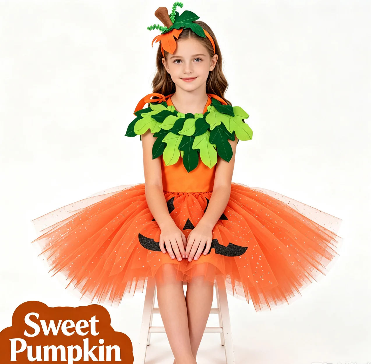 Children Halloween Cartoon Funny Unique Design Pumpkin Style Sparkly Mesh Tutu Dress Holiday Masquerade Carnival Party Role Play
