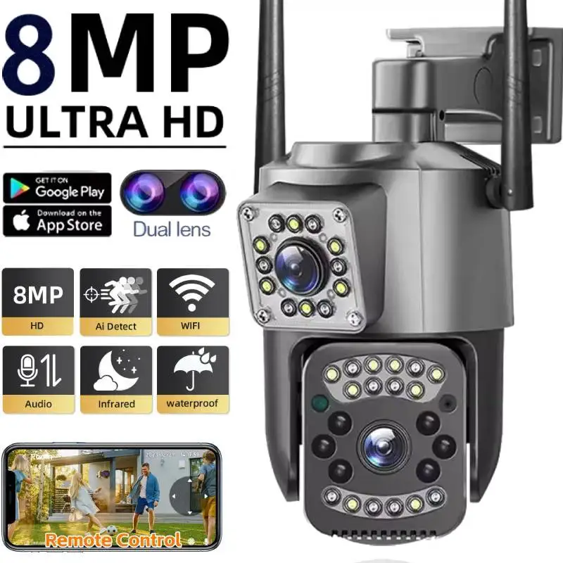 smart home cctv security protection monitor cam lente dupla visao nocturna webcam ao ar livre alarme ptz wifi ip 8mp 4k zoom 10x 01