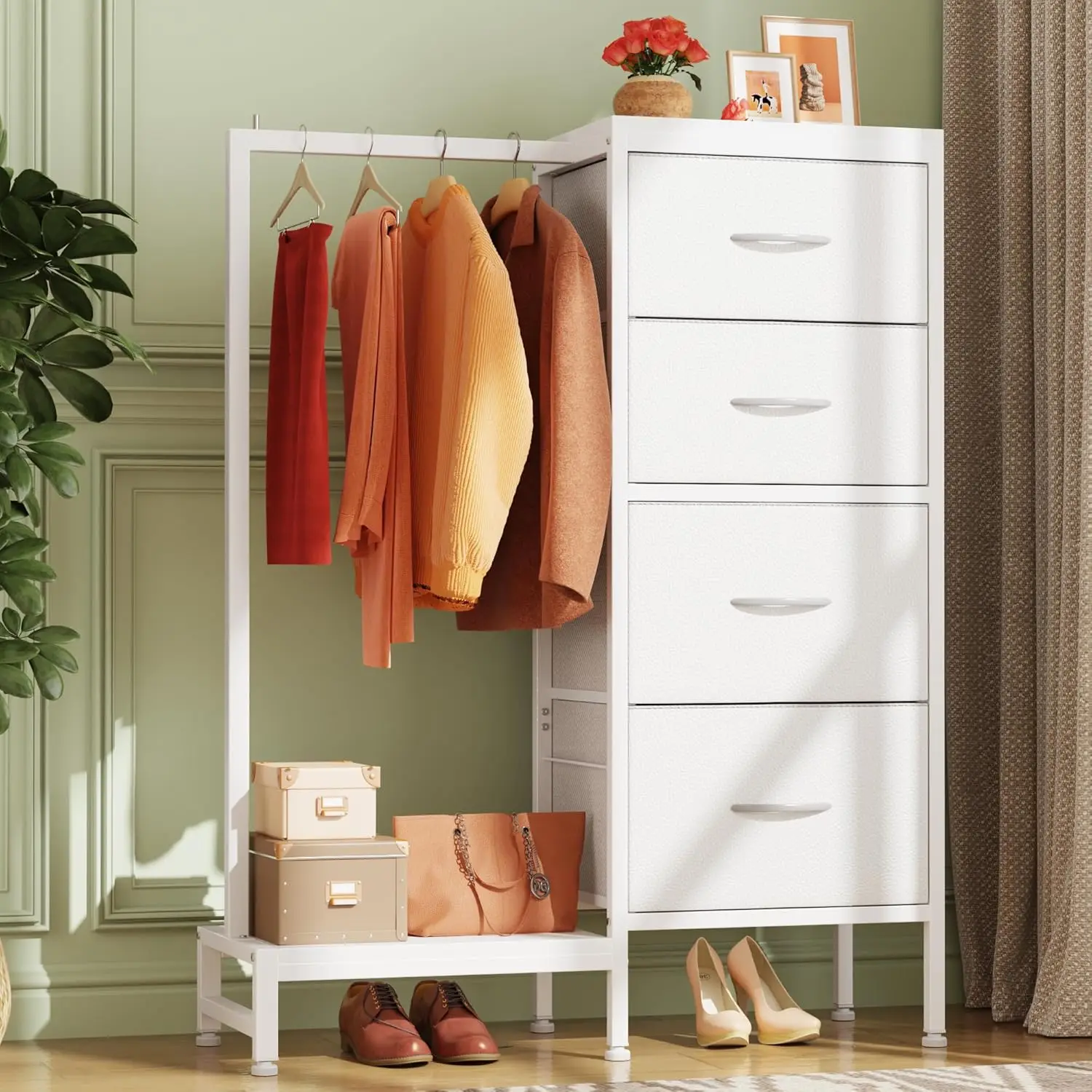 

Dresser with Hanging Rack, 4 Drawers Small Closet for Bedroom, Tall Storage Tower, Sturdy Frame, White, 44''H