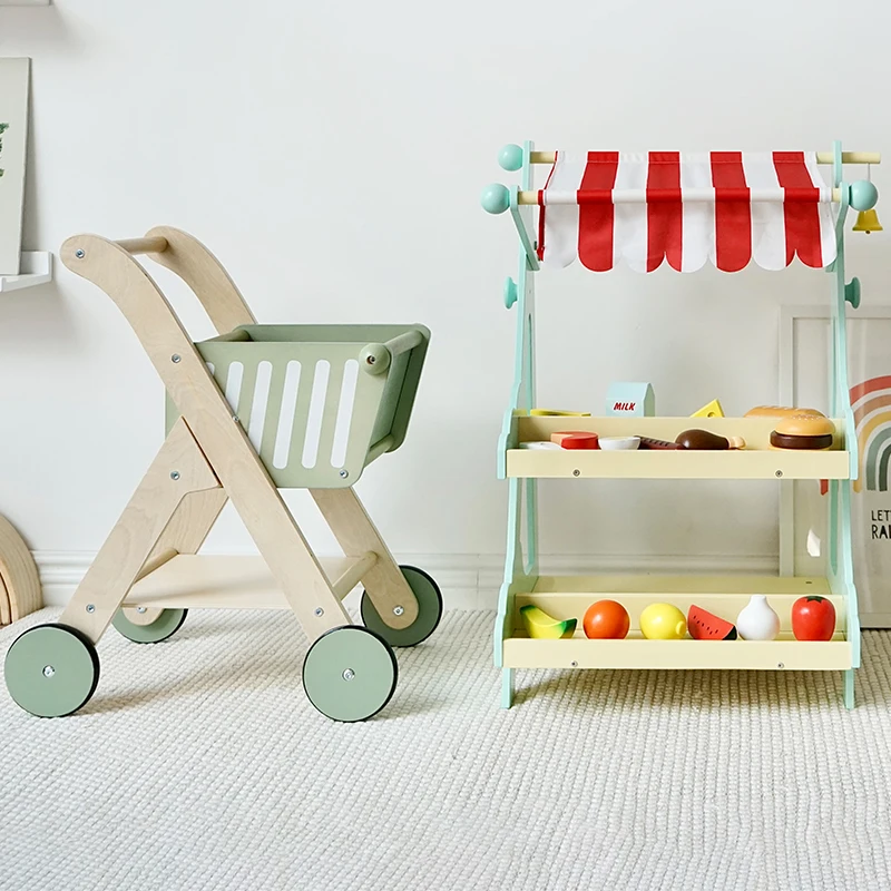 Yy Shopping Cart Toy Wooden Play House Doll Home Supermarket Children Trolley