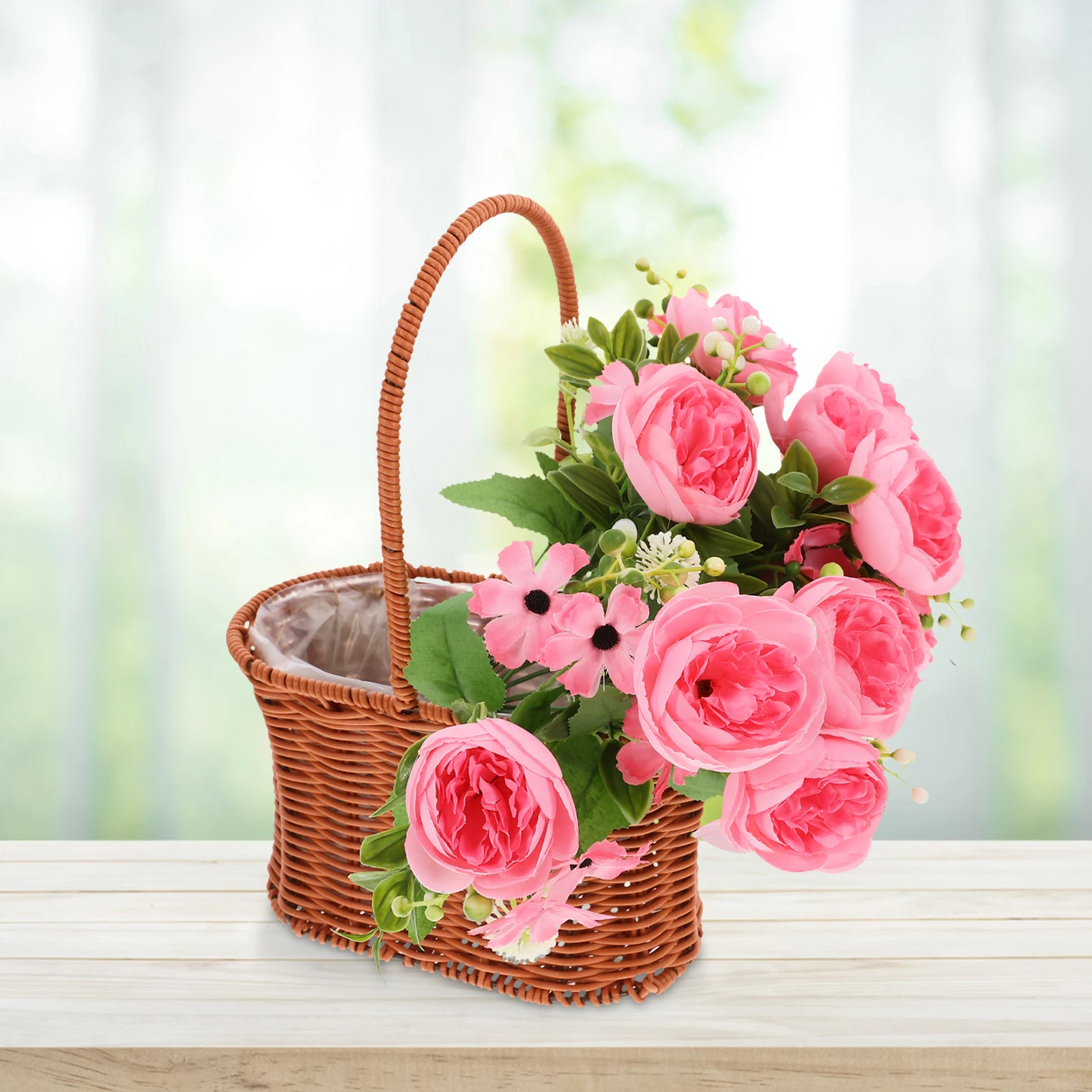 

Handmade Woven Rattan Style Basket Portable Flower Fruit Storage Organizer Gift For Picnic Garden Party Decoration