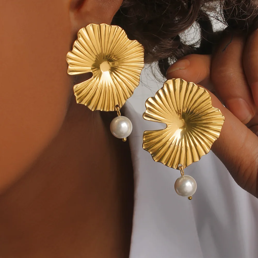DIY accessories French Vintage Summer Lotus Leaf Earrings Pearl Fringed Pendant Stainless Steel Plated 18K Gold Lotus Leaf Edge