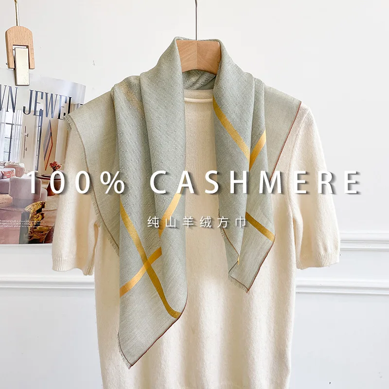 100% PURE CASHMERE Square Shawl Pale Sage Green Diagonal Gold Grid Double Sided Bandana Women Minimalist Travel Luxury Gift view 4