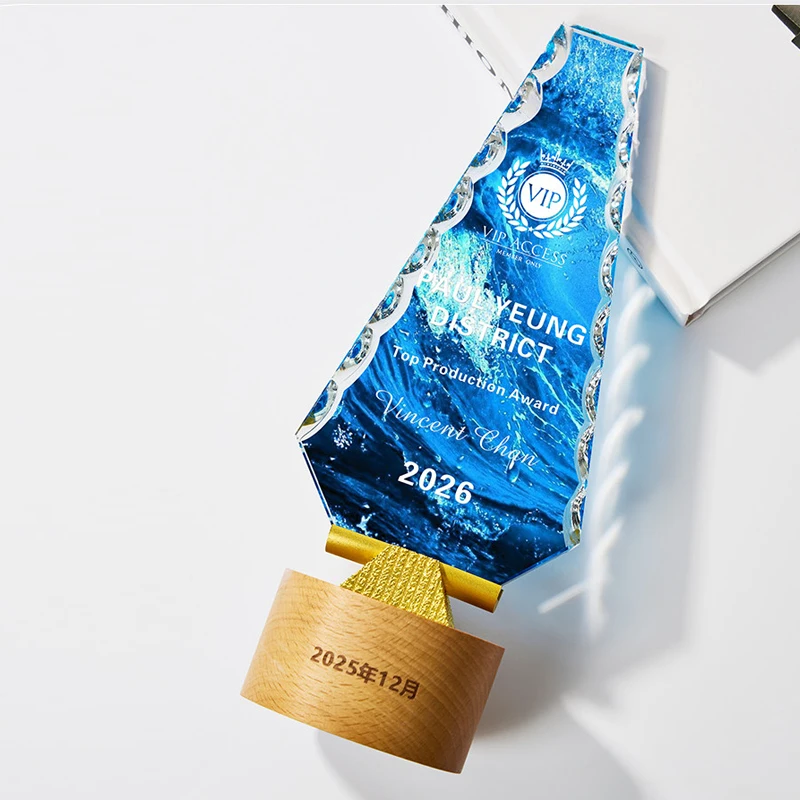 Customized Crystal Trophy, Can Be Lettering Color Printing, Souvenir Excellent Company Annual Meeting Award Wood Base Medal, 1Pc