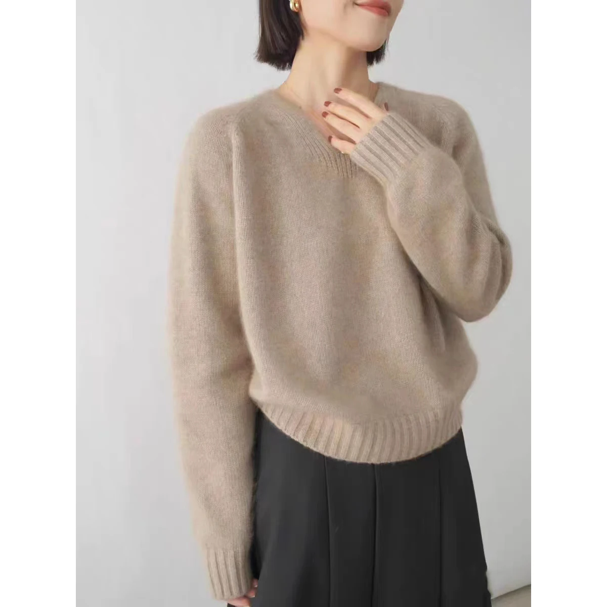 Pure Mountain Cashmere Sweater for Female, V-Neck, Loose Lazy Pullover, Long Sleeve Wool Knitted, Bottoming Sweater, New, Autumn