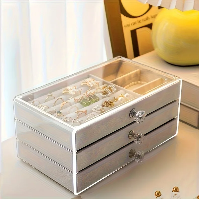"Clear 3-Layer Acrylic Jewelry Box w/ Drawer Display  Perfect for Holiday Gems & Desk Storage."