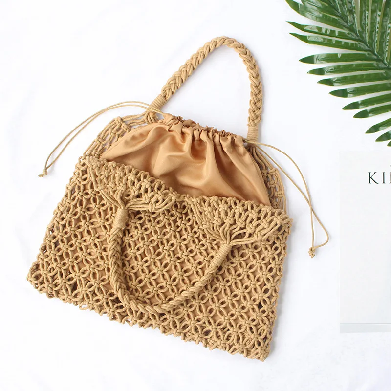 Women Boho Summer Lightweight Hollow Fishnet Beach Bucket Handbag Women Fashion Woven Shoulder Bag Retro Chic Handbags